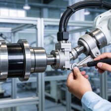 A worker using a laser alignment tool to fine tune an industrial machine