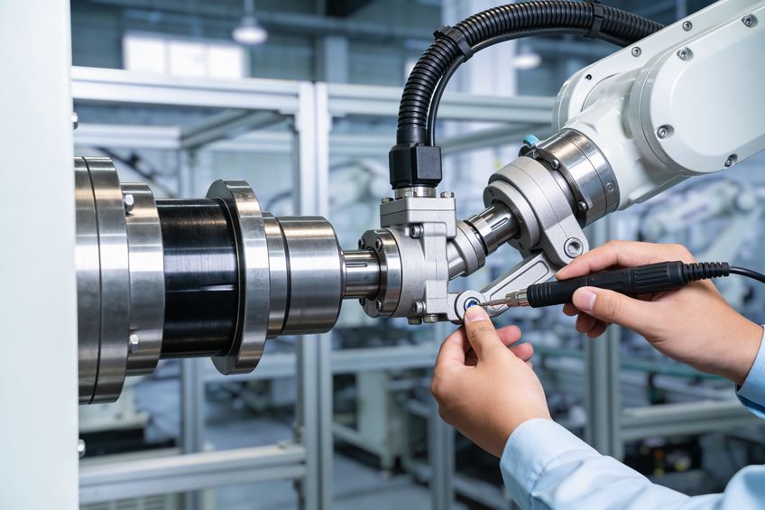 A worker using a laser alignment tool to fine tune an industrial machine