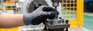 Worker's hand trying to fix industrial machine from vibrating